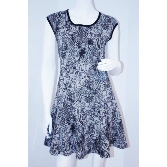 EIGHT SIXTY Black SNAKE PRINT Grey FLORAL Flared DRESS Knit STRETCHY Back Zip L - Picture 2 of 2